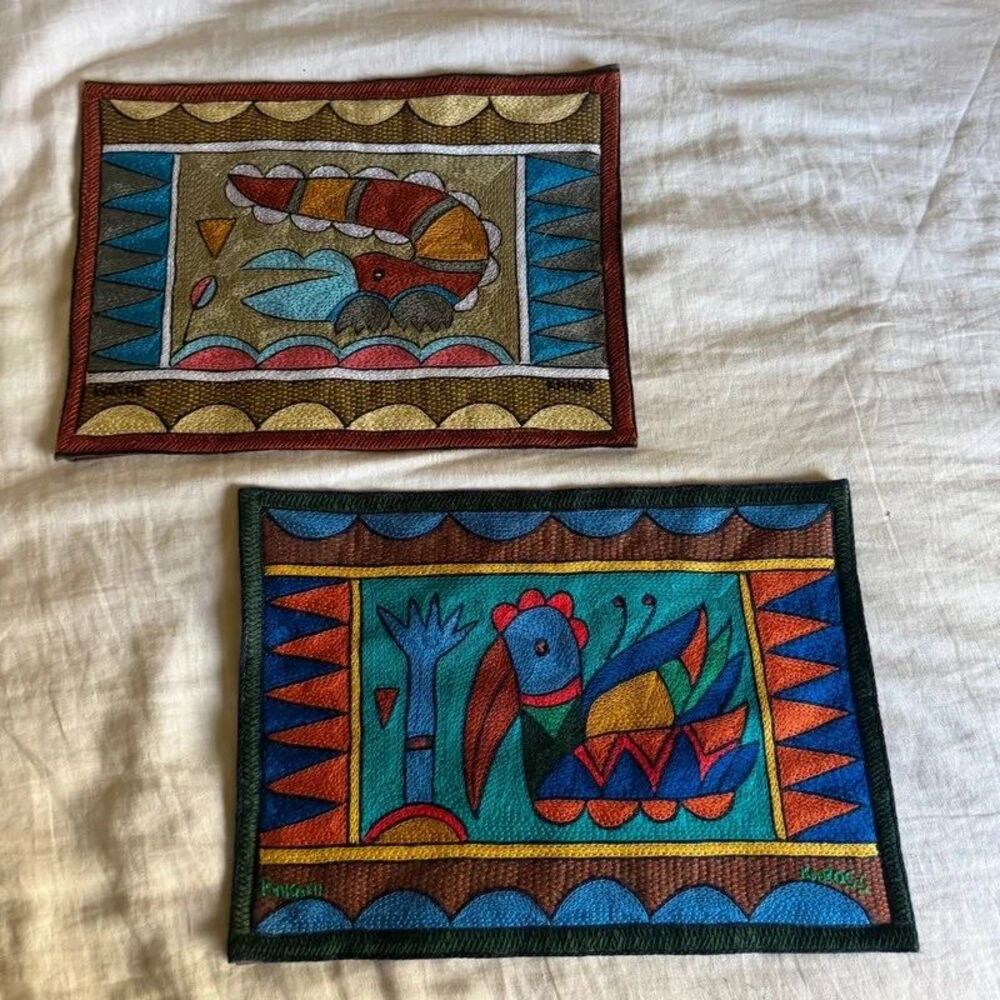 South Africa Kaross Colorful Hand Embroidered Placemats Tapestry Set Folk Art
